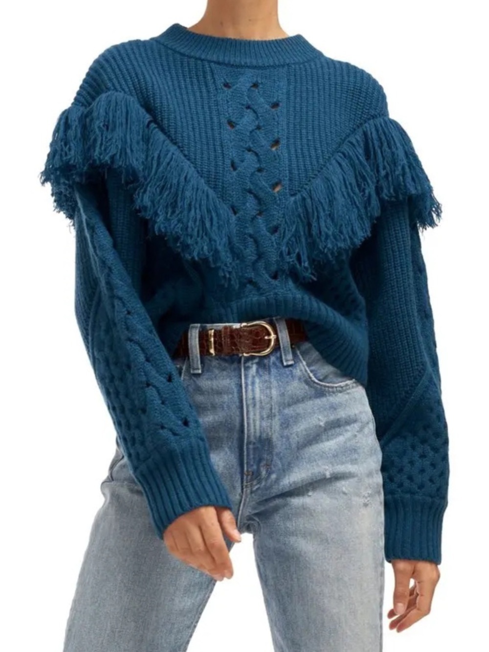 Equipment Femme Amira Sweater Deep Lagoon Blue Fringe Chunky Knit Wool Cashmere - Picture 2 of 8